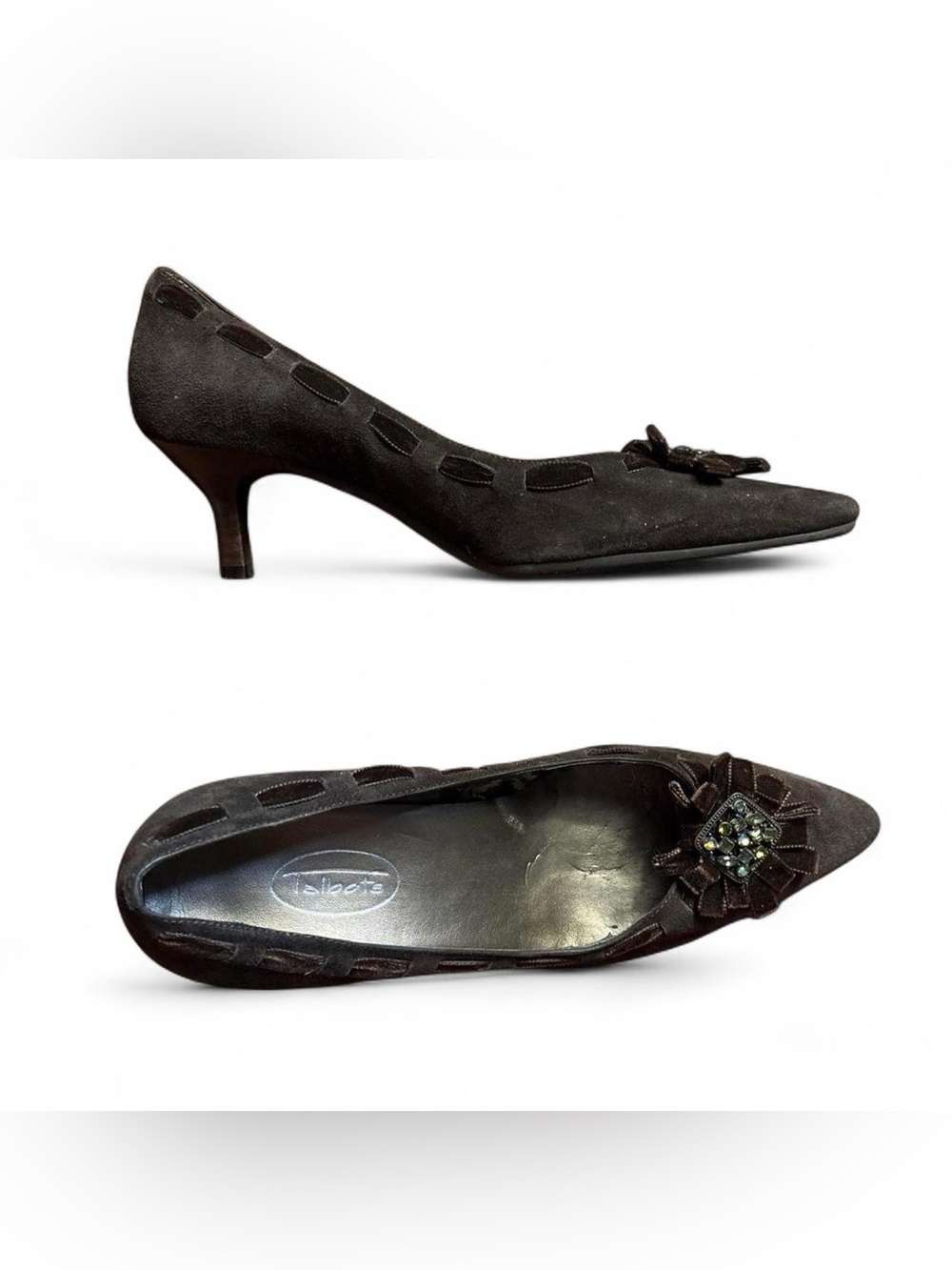Brown Suede Kitten Heels W Green Gem Embellishment by Talbots - Picture 1 of 8